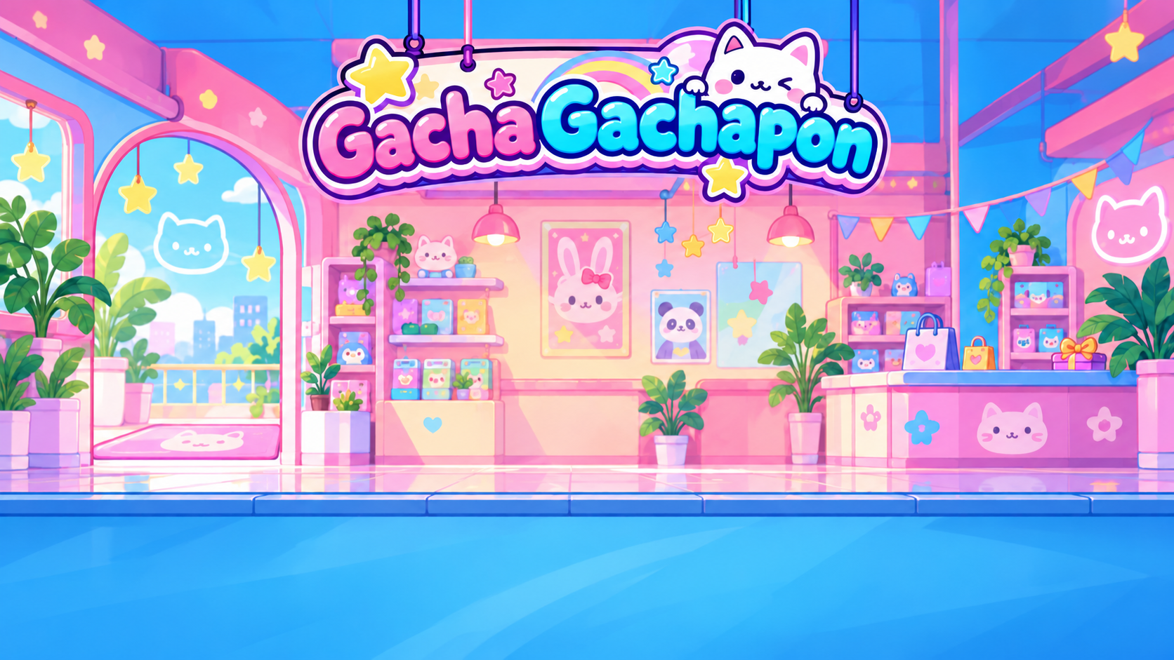 Magasin kawaii rose et bleu, décoré de plantes, d’étoiles et de jouets